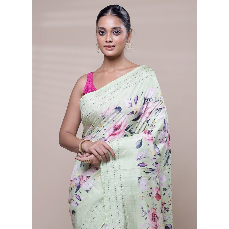 Green Tussar Silk Saree With Blouse Piece - JD986608068
