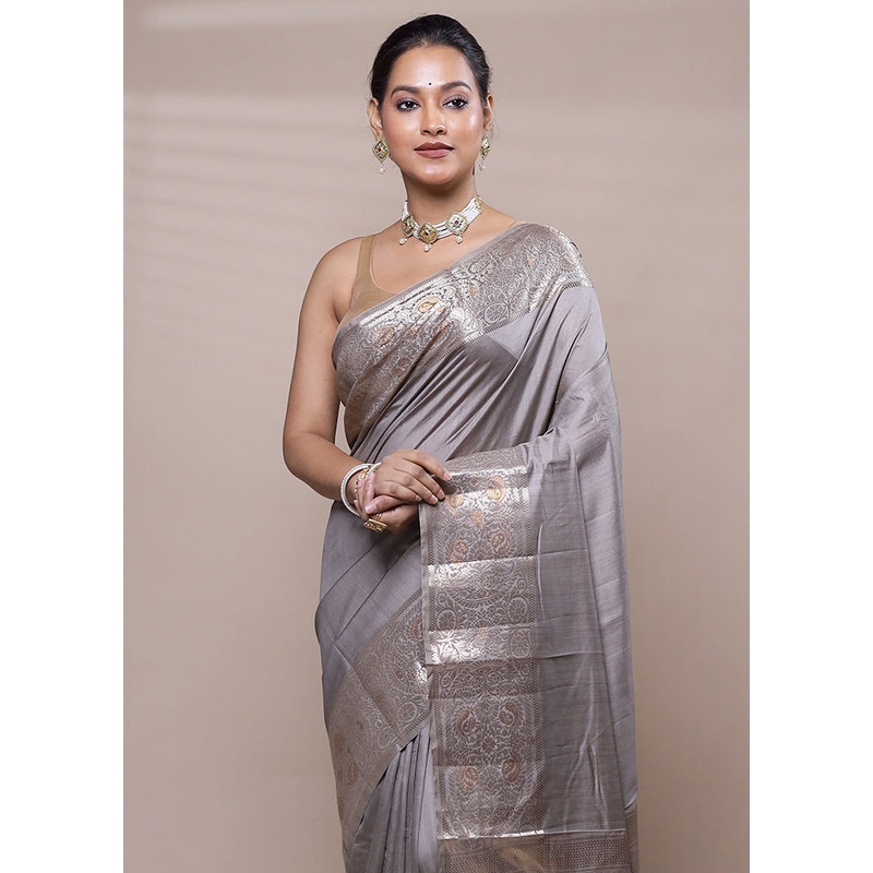 Grey Dupion Silk Saree With Blouse Piece - JD986608065