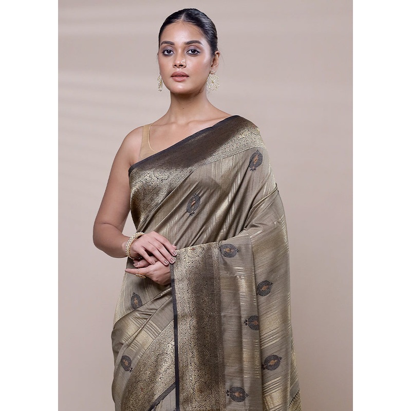 Grey Dupion Silk Saree With Blouse Piece - JD986608066