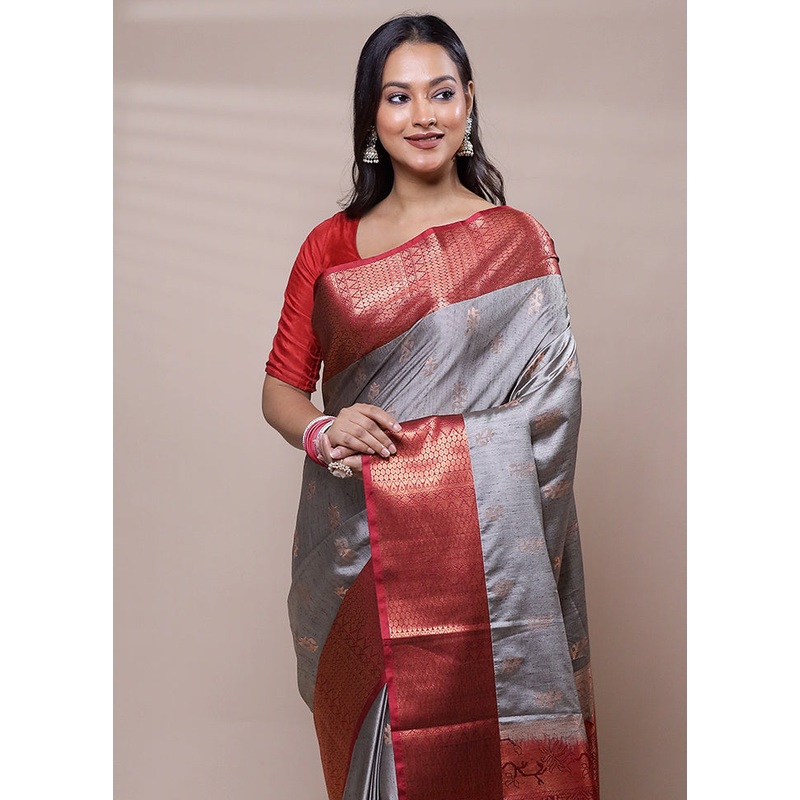 Grey Dupion Silk Saree With Blouse Piece - JD986608067
