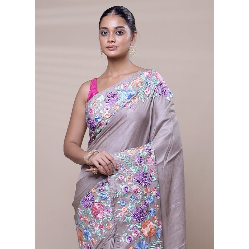 Grey Handloom Tussar Pure Silk Saree With Blouse Piece - JD986608064