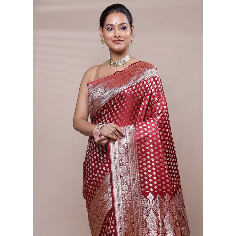 Maroon Banarasi Silk Saree With Blouse Piece - JD986608060