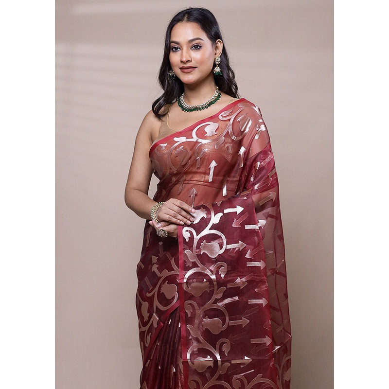 Maroon Organza Saree With Blouse Piece - JD986608058