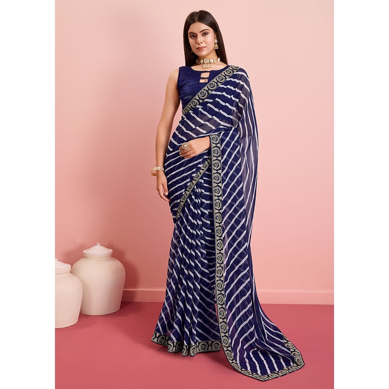 Navy Blue Georgette Saree With Blouse Piece - JD986608172