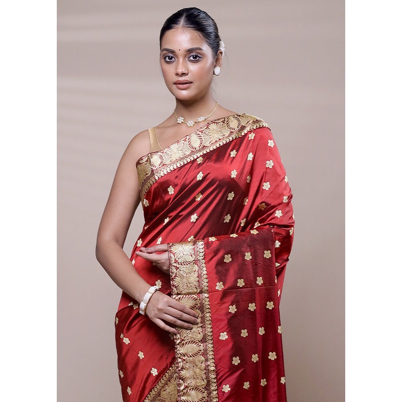 Orange Handloom Assam Pure Silk Saree With Blouse Piece - JD986608057
