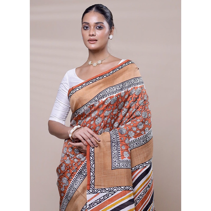 Orange Printed Pure Silk Saree Without Blouse Piece - JD986608056