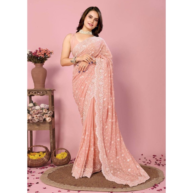 Peach Georgette Saree With Blouse Piece - JD986608168