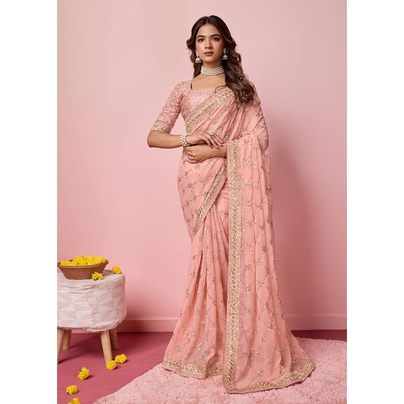 Peach Georgette Saree With Blouse Piece - JD986608169