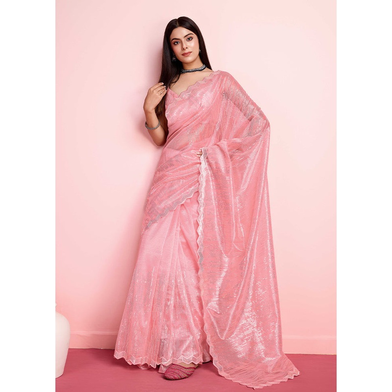 Peach Net Saree With Blouse Piece - JD986608166