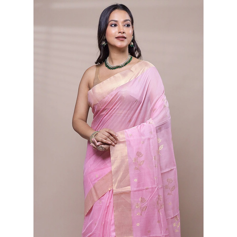 Pink Chanderi Cotton Saree With Blouse Piece - JD986608054