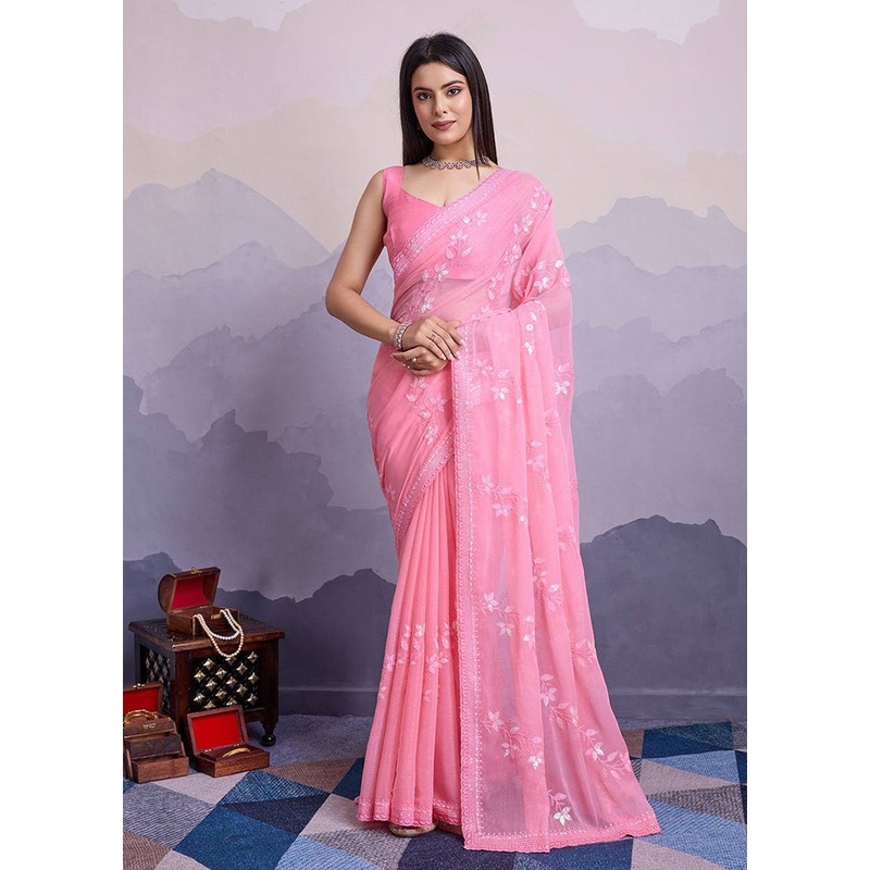 Pink Chiffon Silk Saree With Blouse Piece - JD986608164