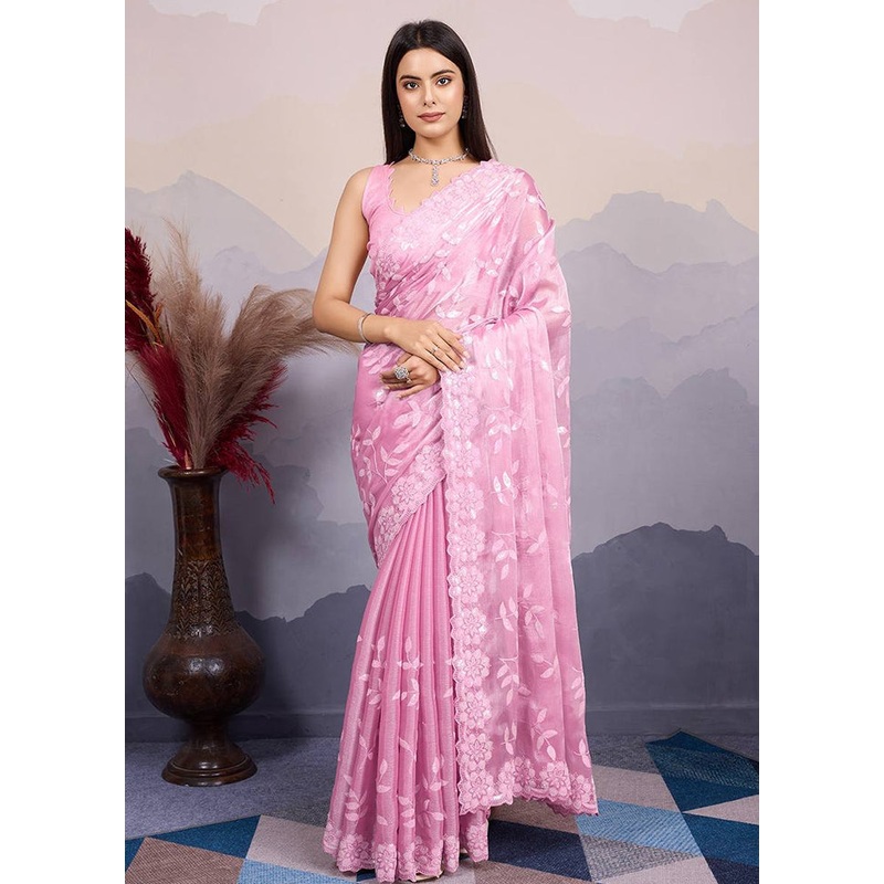 Pink Dupion Silk Saree With Blouse Piece - JD986608162