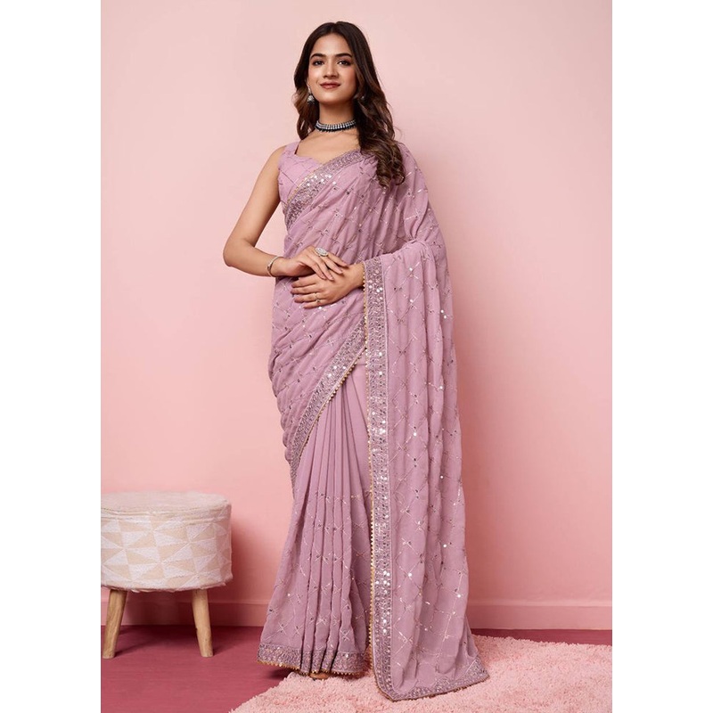 Pink Georgette Saree With Blouse Piece - JD986608154