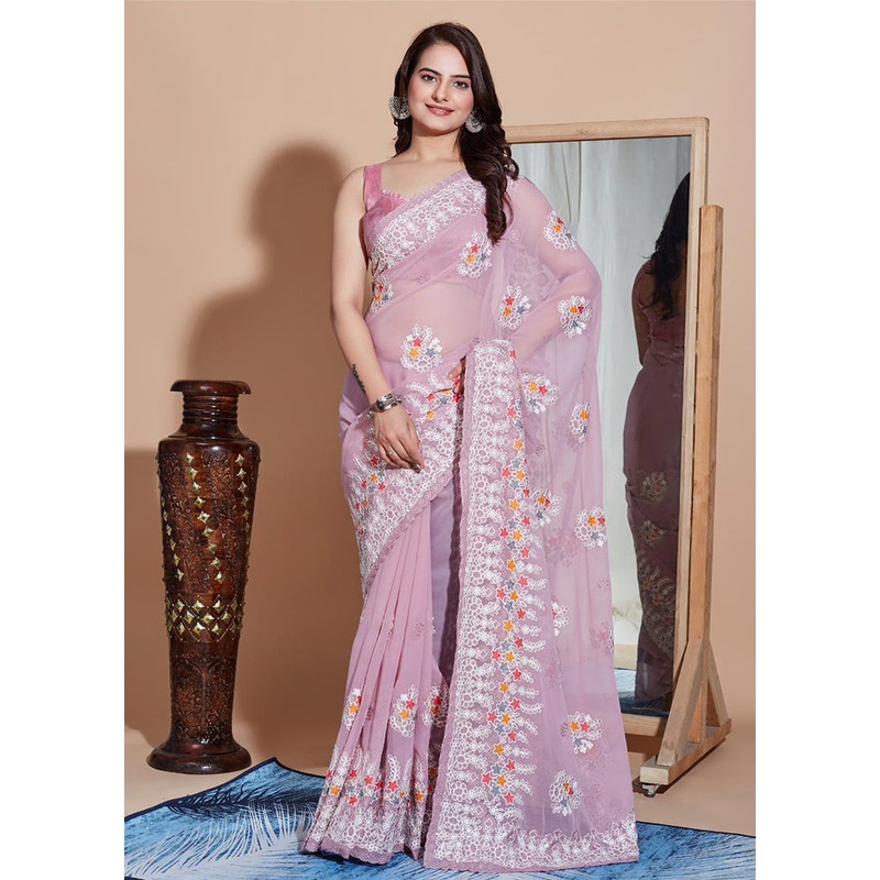 Pink Georgette Saree With Blouse Piece - JD986608155