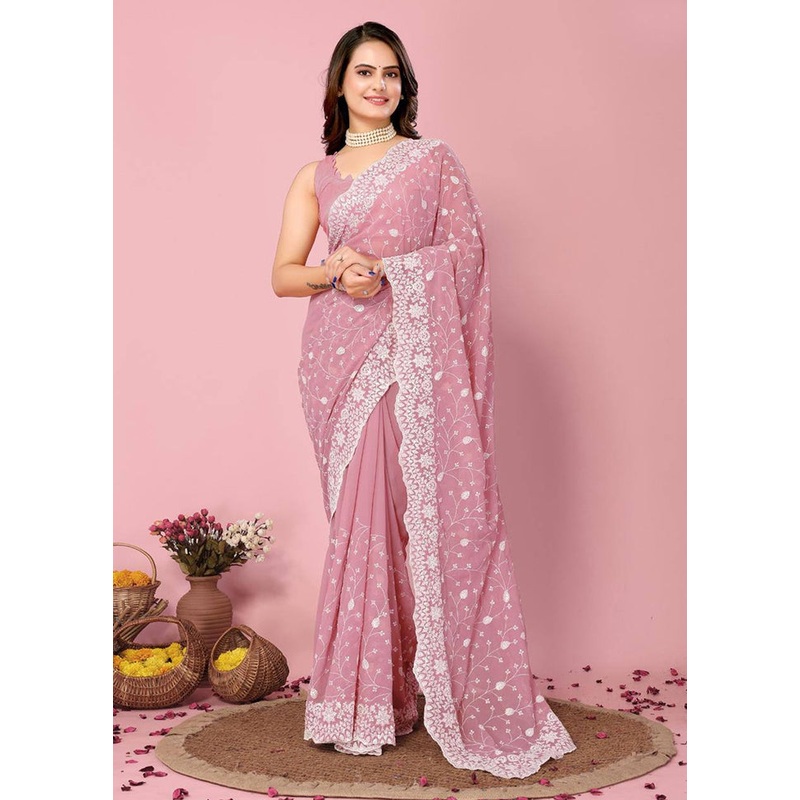 Pink Georgette Saree With Blouse Piece - JD986608156