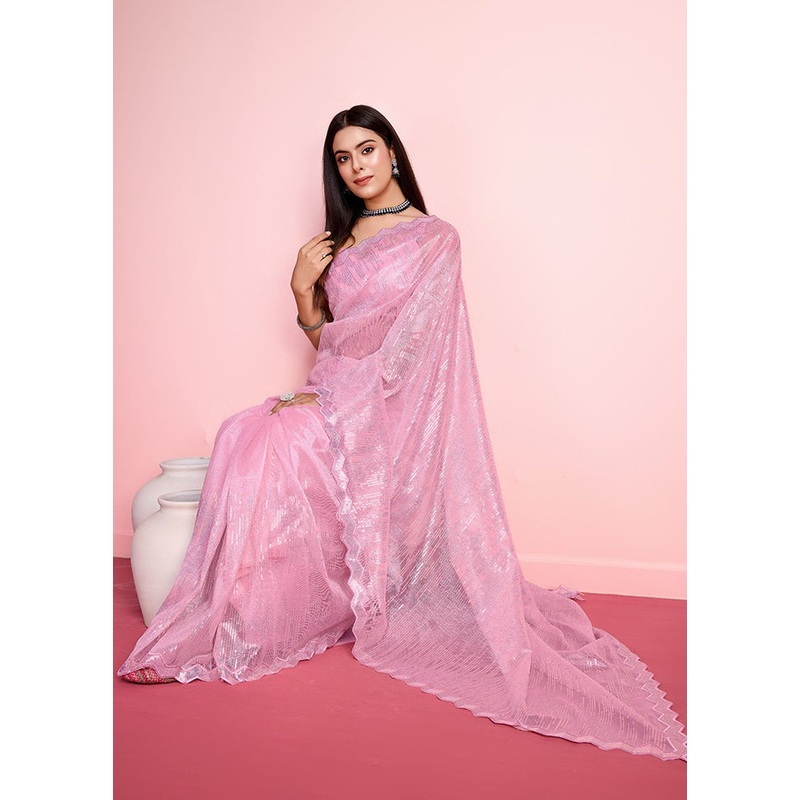 Pink Net Saree With Blouse Piece - JD986608151