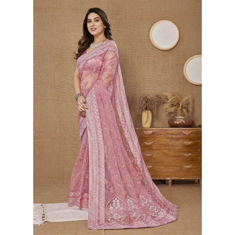 Pink Net Saree With Blouse Piece - JD986608152