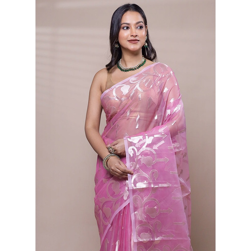 Pink Organza Saree With Blouse Piece - JD986608046