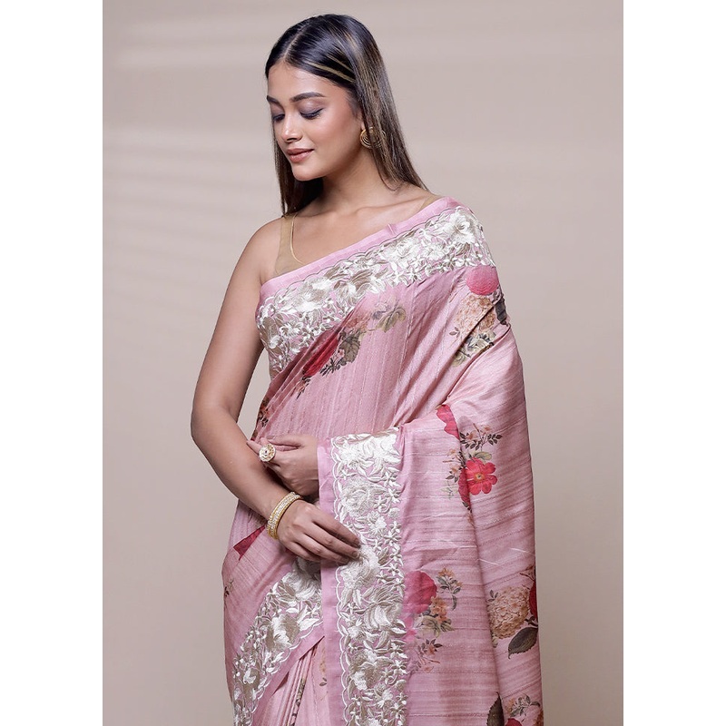 Pink Tussar Silk Saree With Blouse Piece - JD986608042