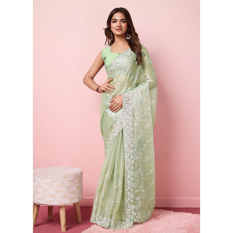 Pista Green Dupion Silk Saree With Blouse Piece - JD986608150