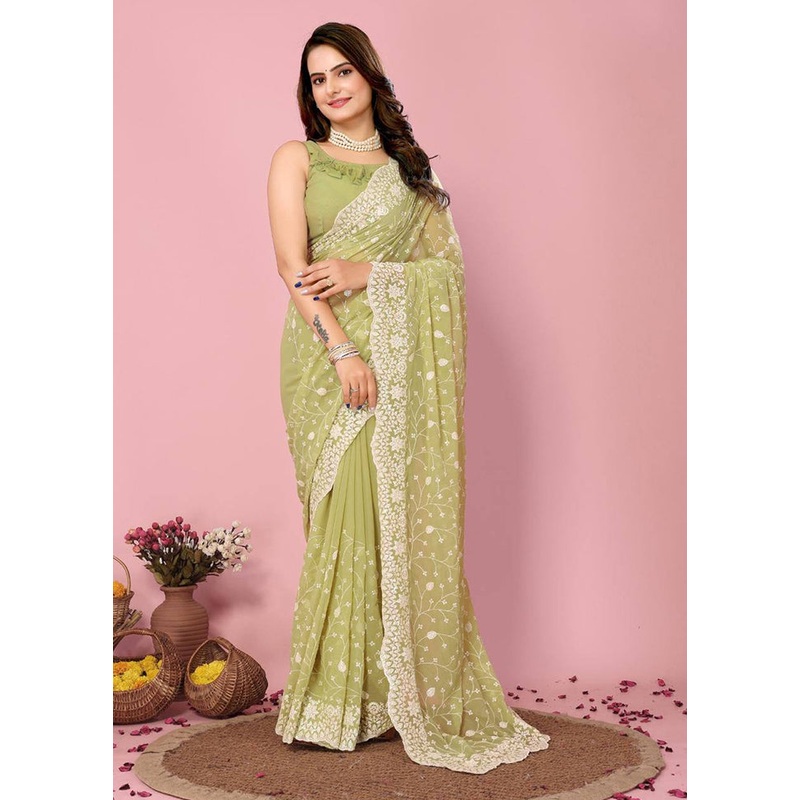 Pista Green Georgette Saree With Blouse Piece - JD986608145