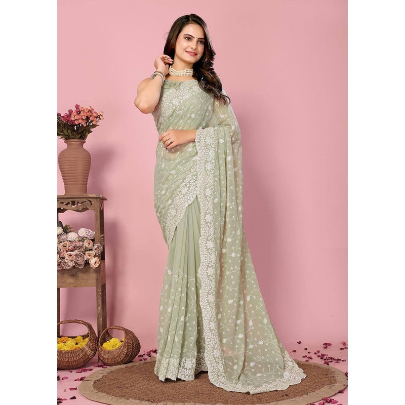 Pista Green Georgette Saree With Blouse Piece - JD986608146
