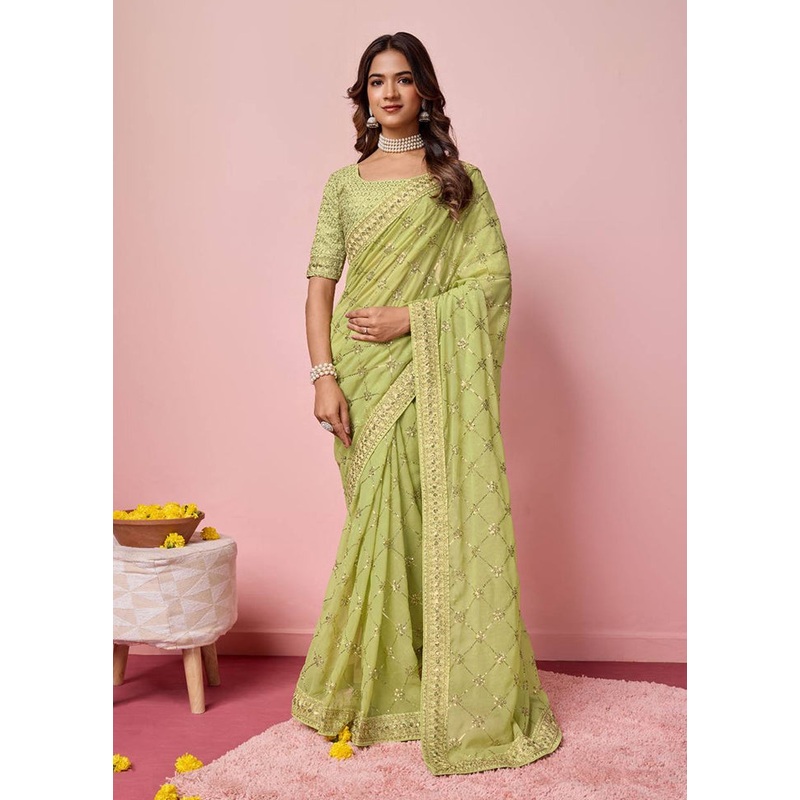 Pista Green Georgette Saree With Blouse Piece - JD986608147