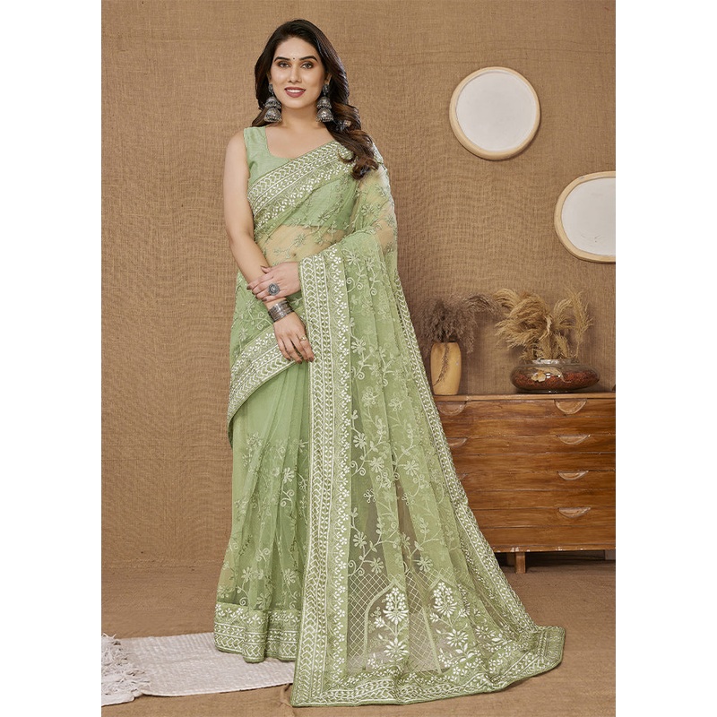 Pista Green Net Saree With Blouse Piece - JD986608142