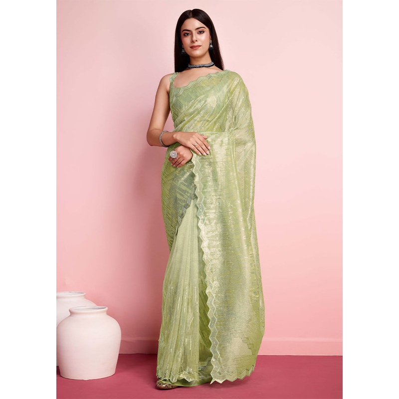 Pista Green Net Saree With Blouse Piece - JD986608143
