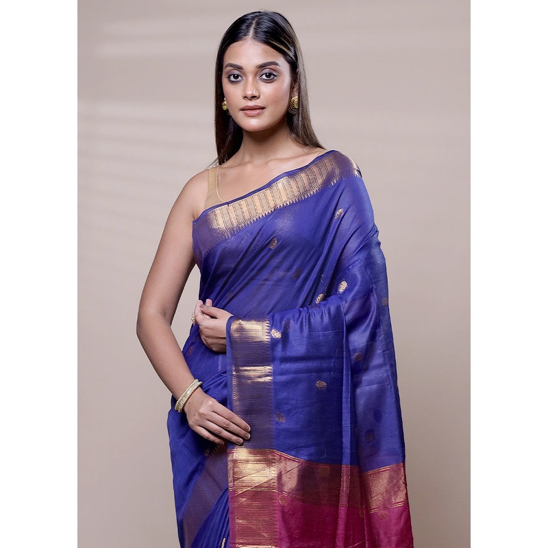 Purple Cotton Saree With Blouse Piece - JD986608041