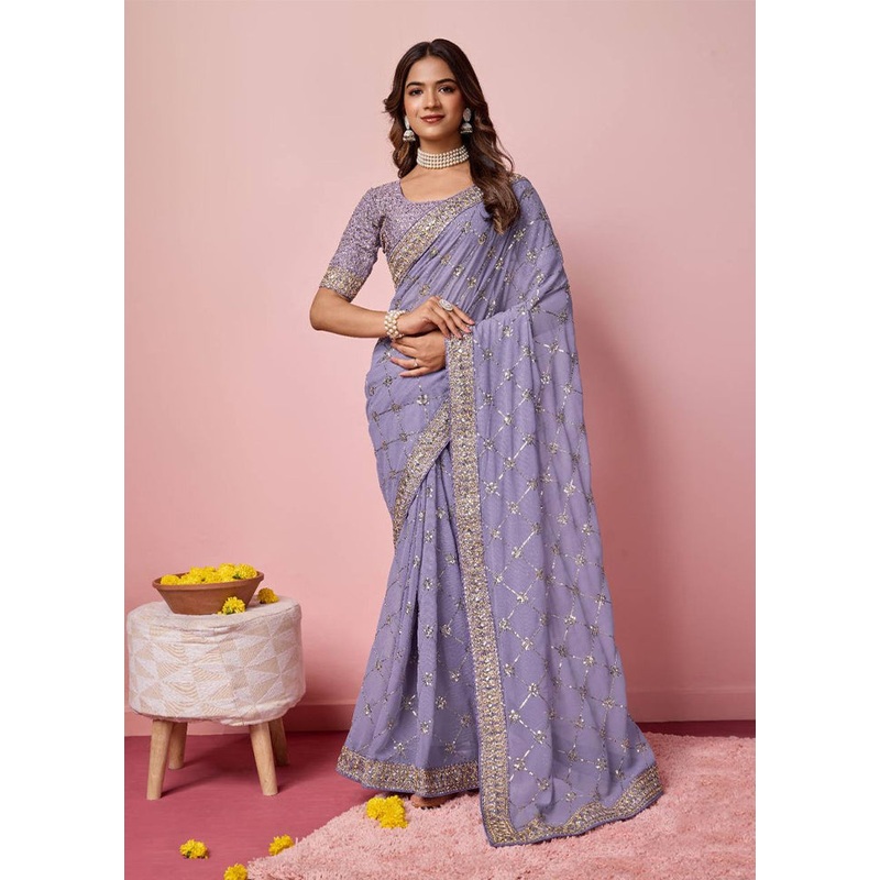 Purple Georgette Saree With Blouse Piece - JD986608140