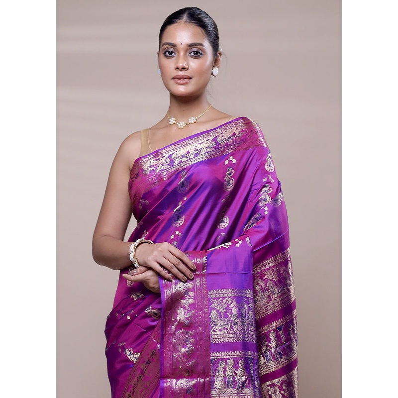 Purple Handloom Baluchari Pure Silk Saree With Blouse Piece - JD986608039