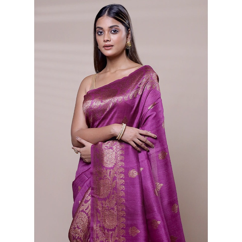 Purple Handloom Tussar Pure Silk Saree With Blouse Piece - JD986608034