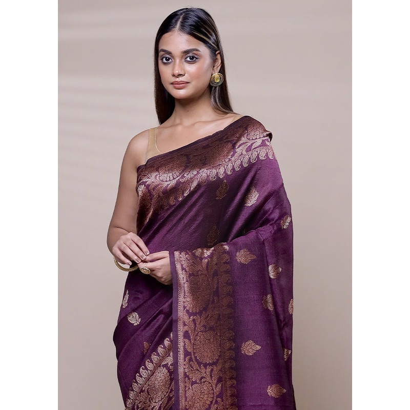 Purple Handloom Tussar Pure Silk Saree With Blouse Piece - JD986608035