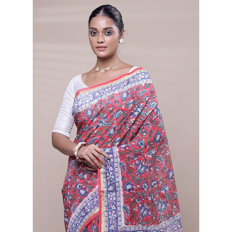 Red Chanderi Cotton Saree With Blouse Piece - JD986608030