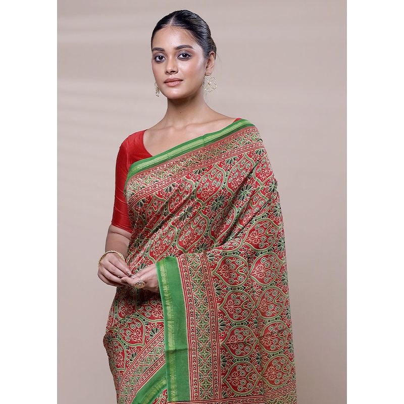Red Chanderi Cotton Saree With Blouse Piece - JD986608031