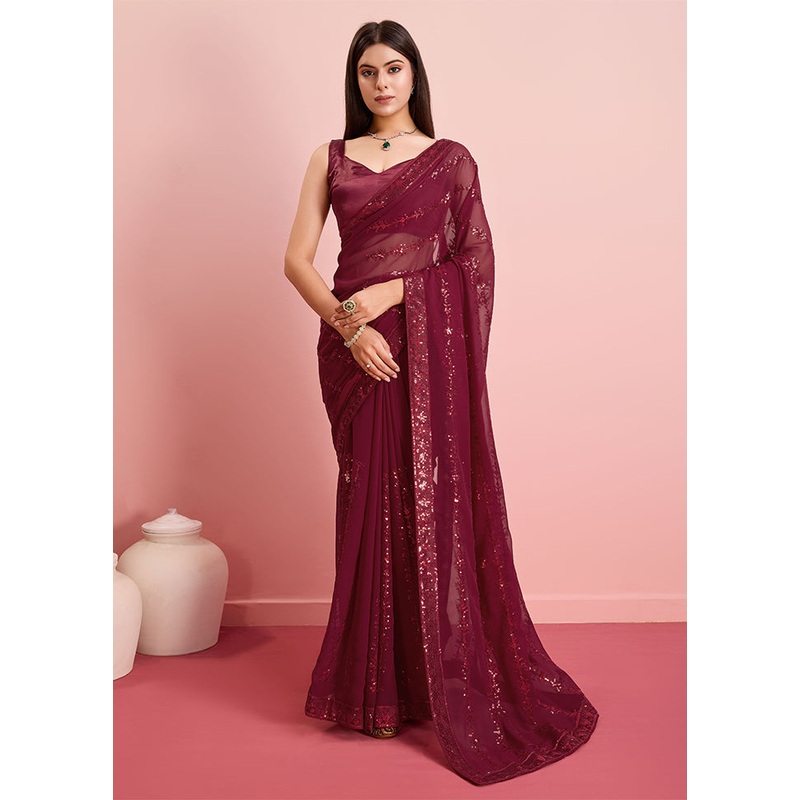 Rust Georgette Saree With Blouse Piece - JD986608130