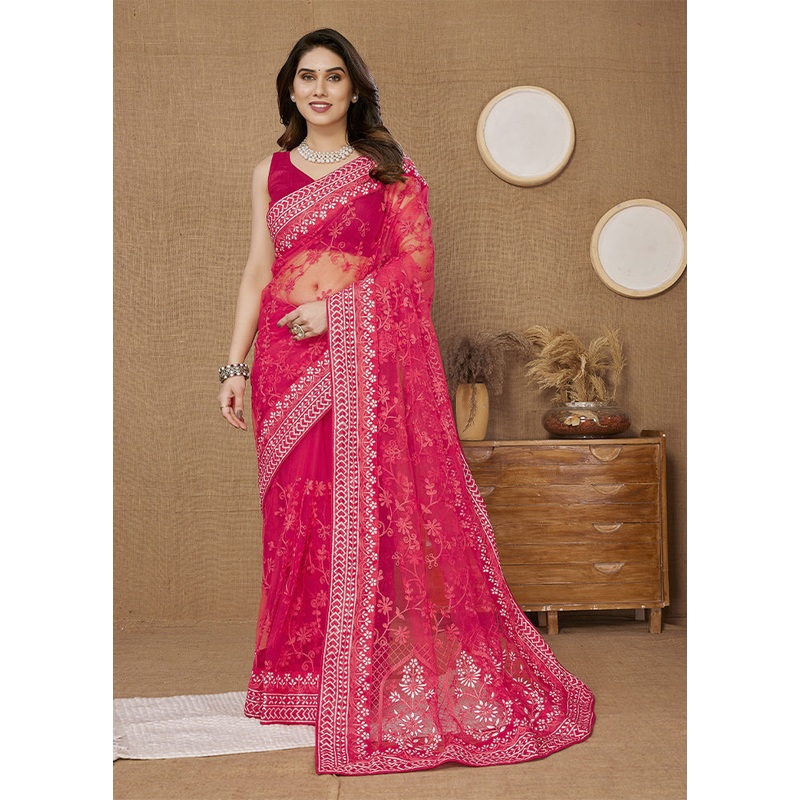 Rust Net Saree With Blouse Piece - JD986608128