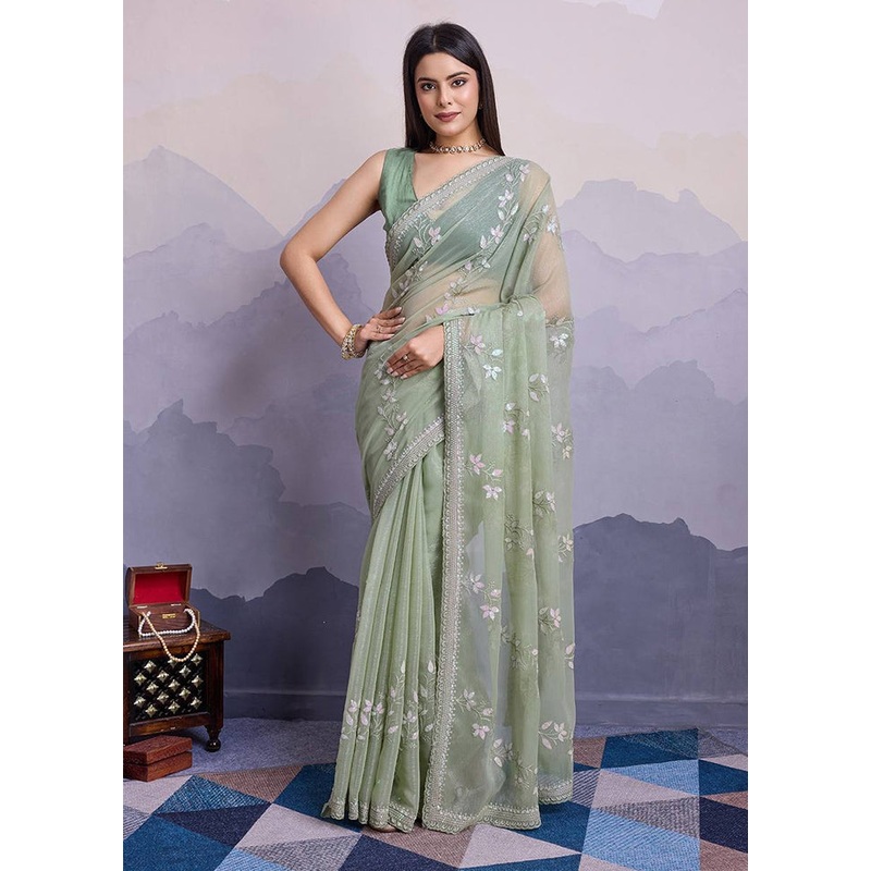 Sea Green Chiffon Silk Saree With Blouse Piece - JD986608127