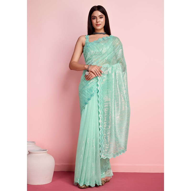 Sea Green Net Saree With Blouse Piece - JD986608125