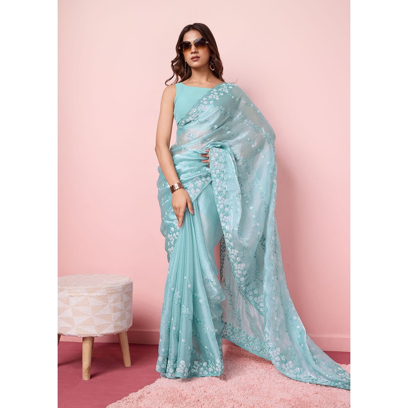 Sky Blue Dupion Silk Saree With Blouse Piece - JD986608123