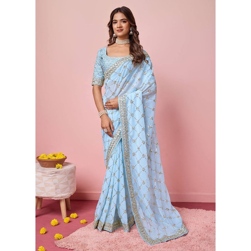 Sky Blue Georgette Saree With Blouse Piece - JD986608120
