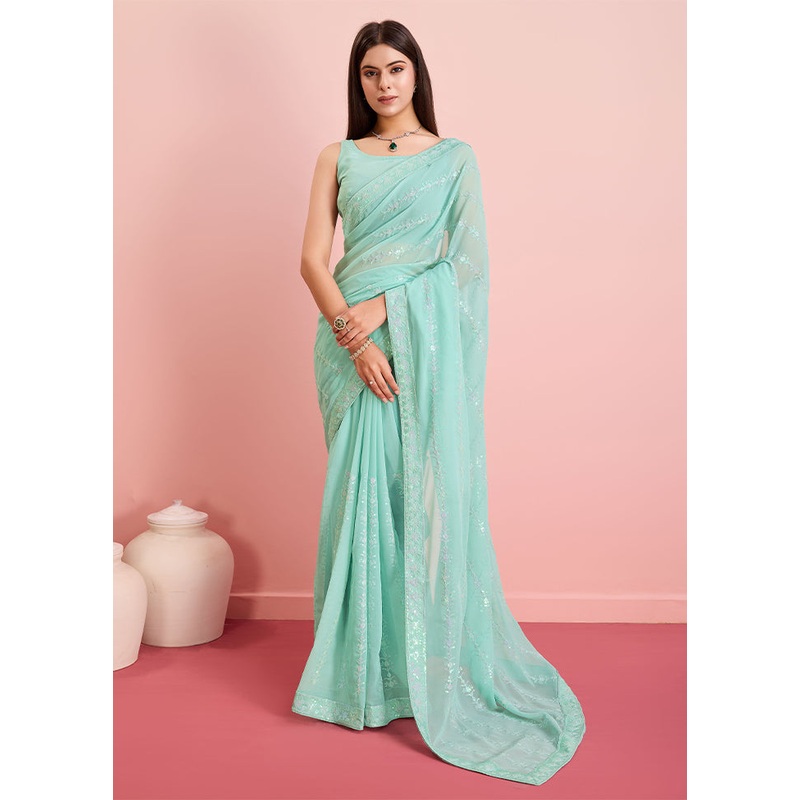 Sky Blue Georgette Saree With Blouse Piece - JD986608122
