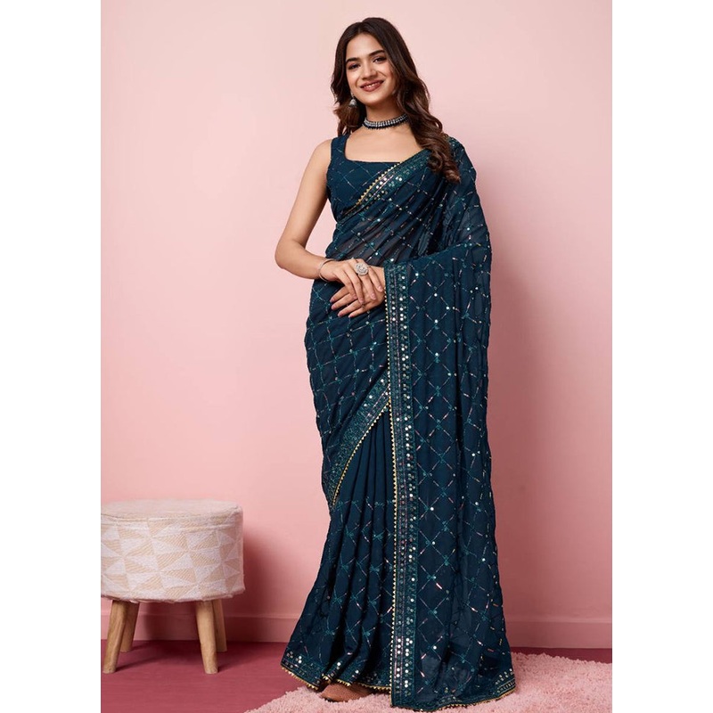 Teal Georgette Saree With Blouse Piece - JD986608118
