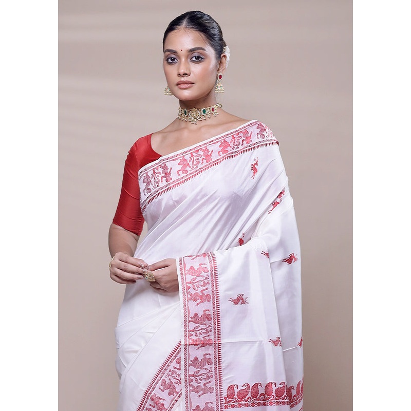 White Handloom Baluchari Pure Silk Saree With Blouse Piece - JD986608028