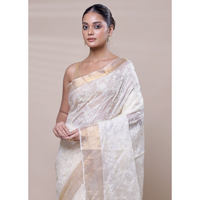 White Handloom Tussar Pure Silk Saree With Blouse Piece - JD986608025