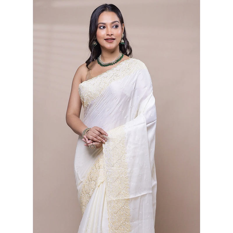White Tussar Silk Saree With Blouse Piece - JD986608023