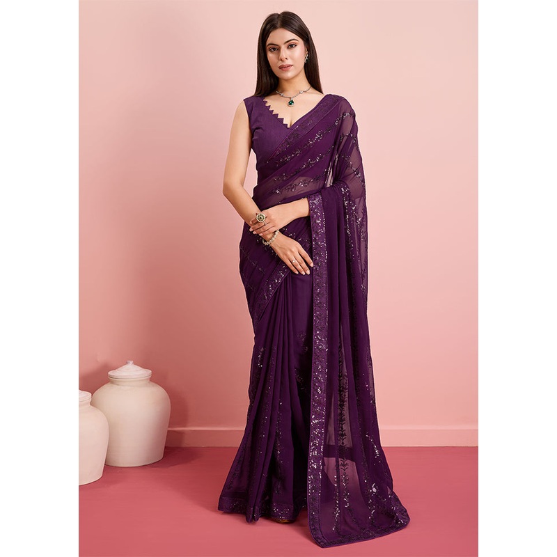 Wine Georgette Saree With Blouse Piece - JD986608116