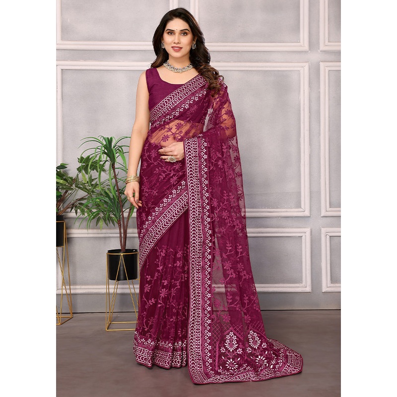 Wine Net Saree With Blouse Piece - JD986608114