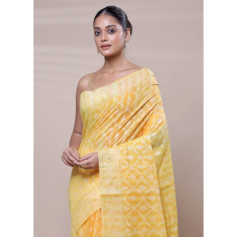 Yellow Cotton Saree With Blouse Piece - JD986608021